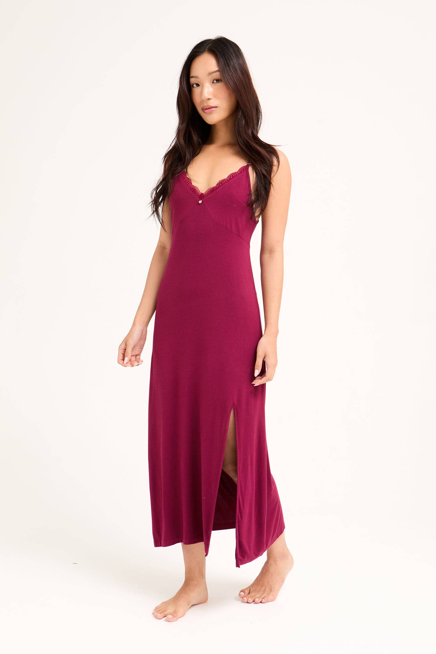 Bamboo Lace Midaxi Chemise in Bordeaux for wholesale on Faire3