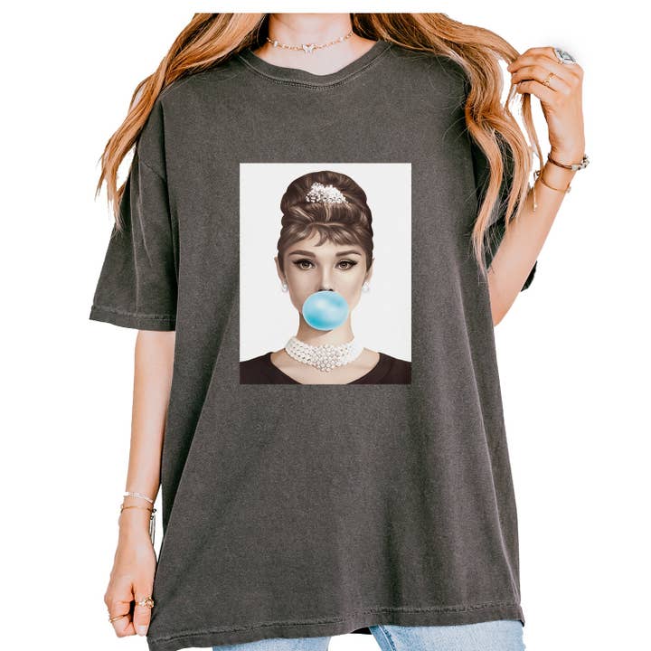 Audrey Hepburn Chewing Bubble Gum American Icon Vintage Soft Unisex T-shirt for wholesale by Expression Tees