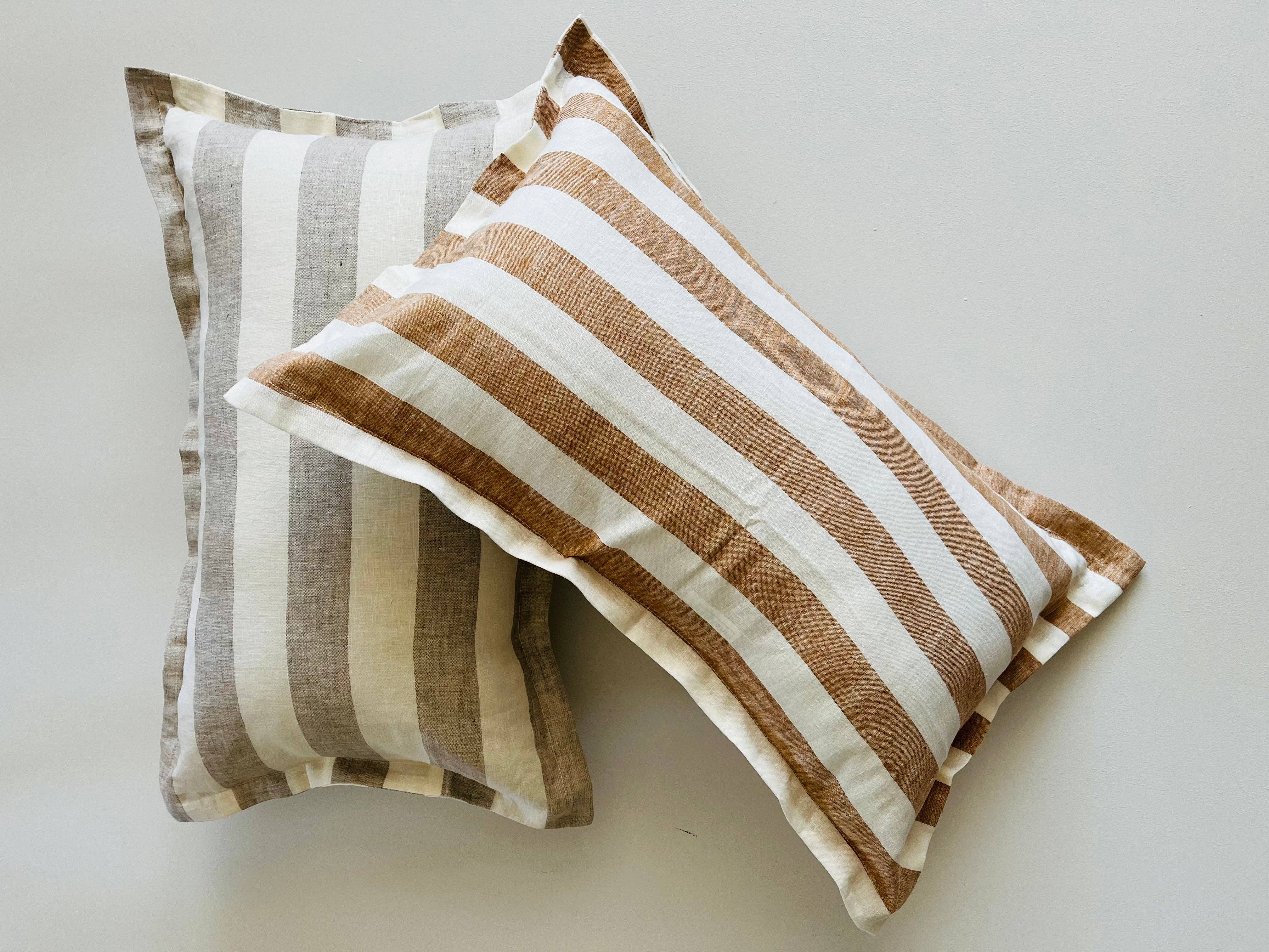 Mama and Tochter - Wholesale Lumbar Pillow - Pure French Linen Lumbar Cushion Cover with Flange Detail - Wide Toffee Stripe1