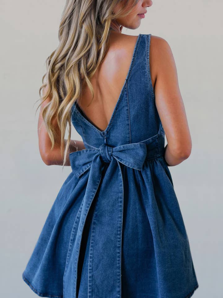 Aapparella - Wholesale Dress - Women's - Square Neck Bowknot Back Sleeveless Denim Dress | S-XL