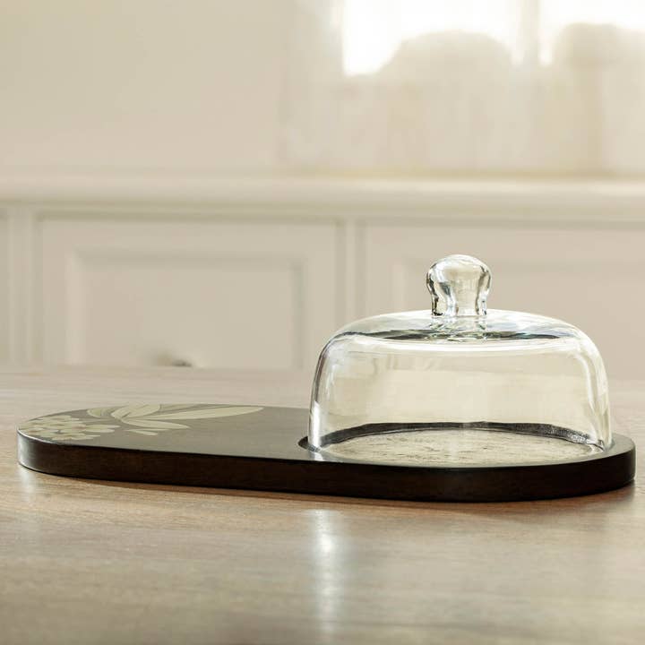 Indriya Home - Wholesale Cheese Board - Frangipani Glass Cloche with Wooden Serving Platter1