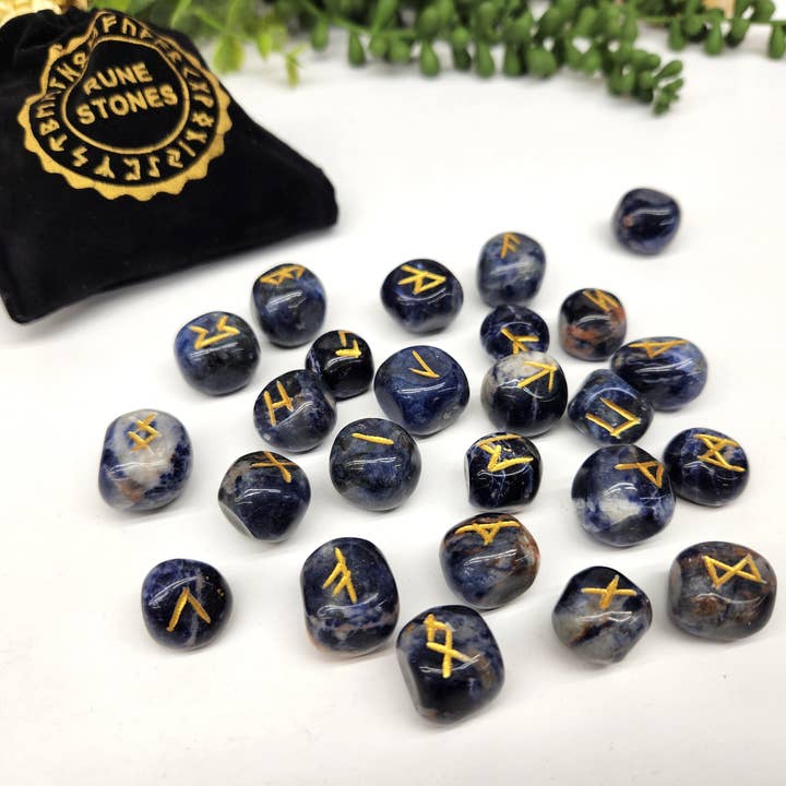 Sodalite Semi-Precious Gemstone Rune Sets with Velvet Pouch for wholesale by Meraki Gemstones