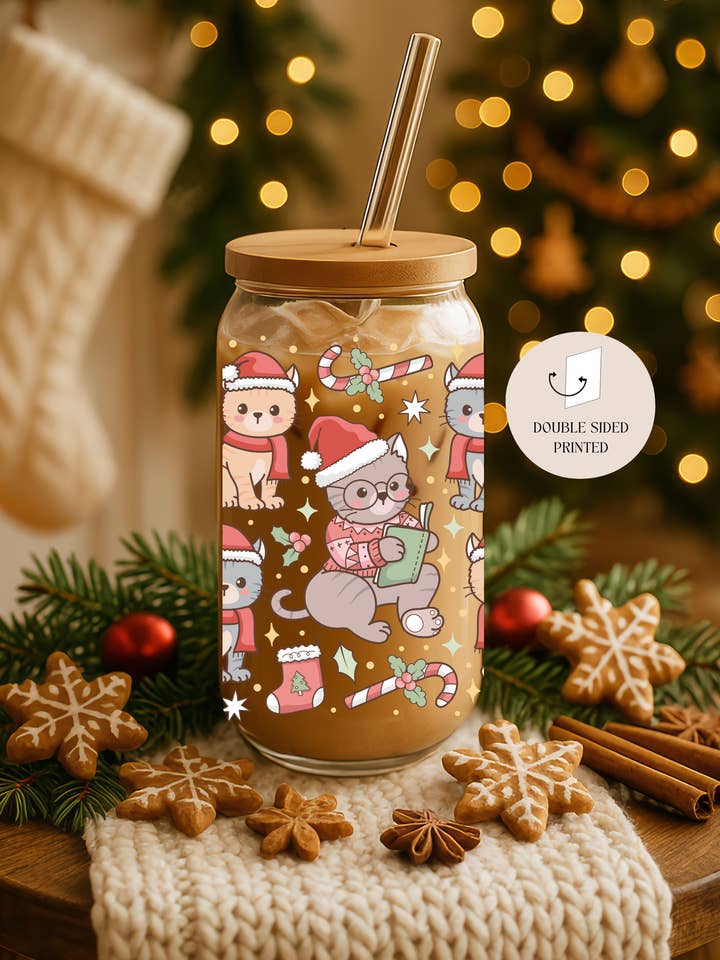 Christmas Cats Readers Double Sided Glass Cup + Lid & Straw for wholesale by the cute cloud