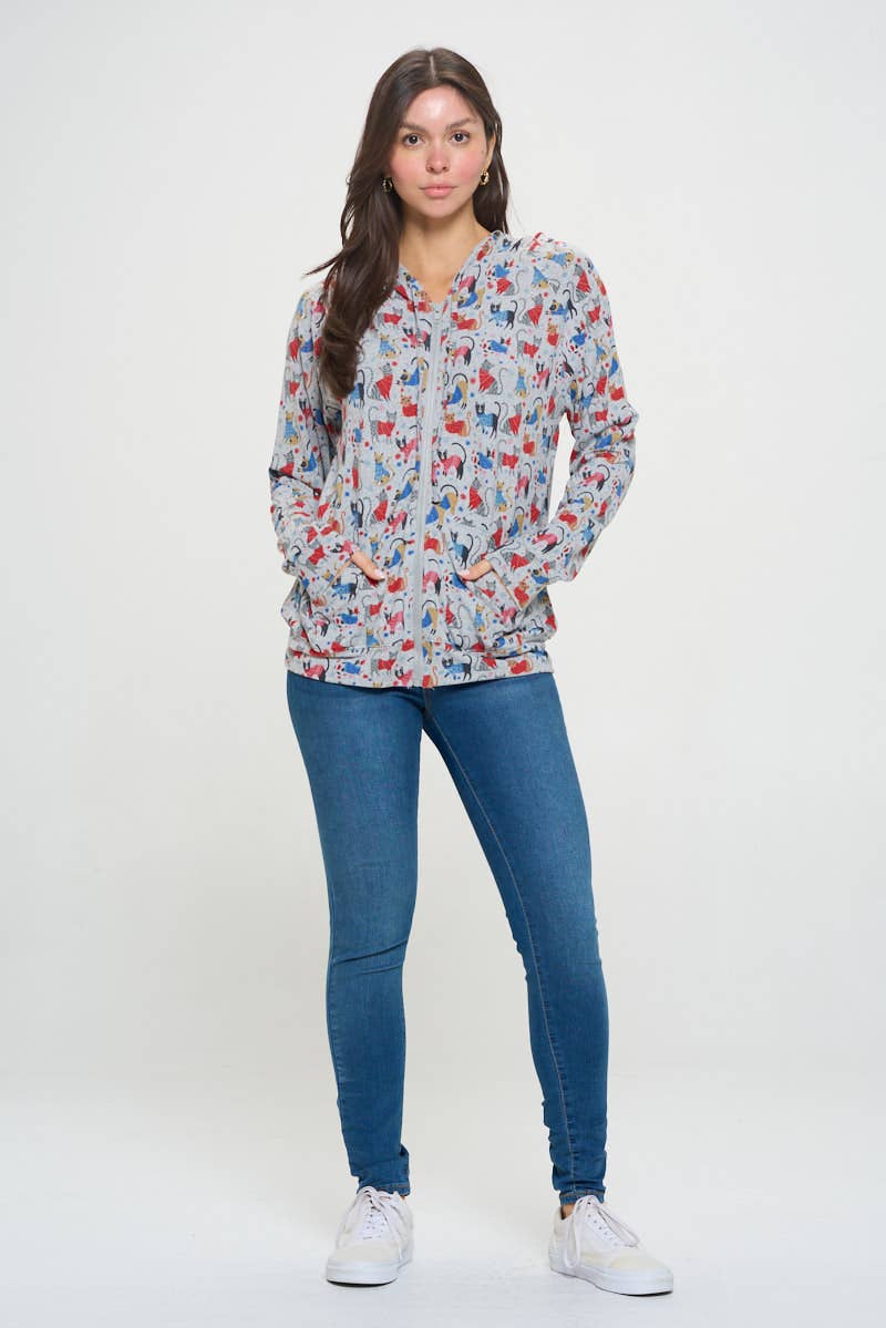 SM WARDROBE - Vendita all'ingrosso Felpa con cappuccio - Donna - FELPA INVERNALE CON CAPPUCCIO E ZIP A TUNICA CON STAMPA DI GATTI3