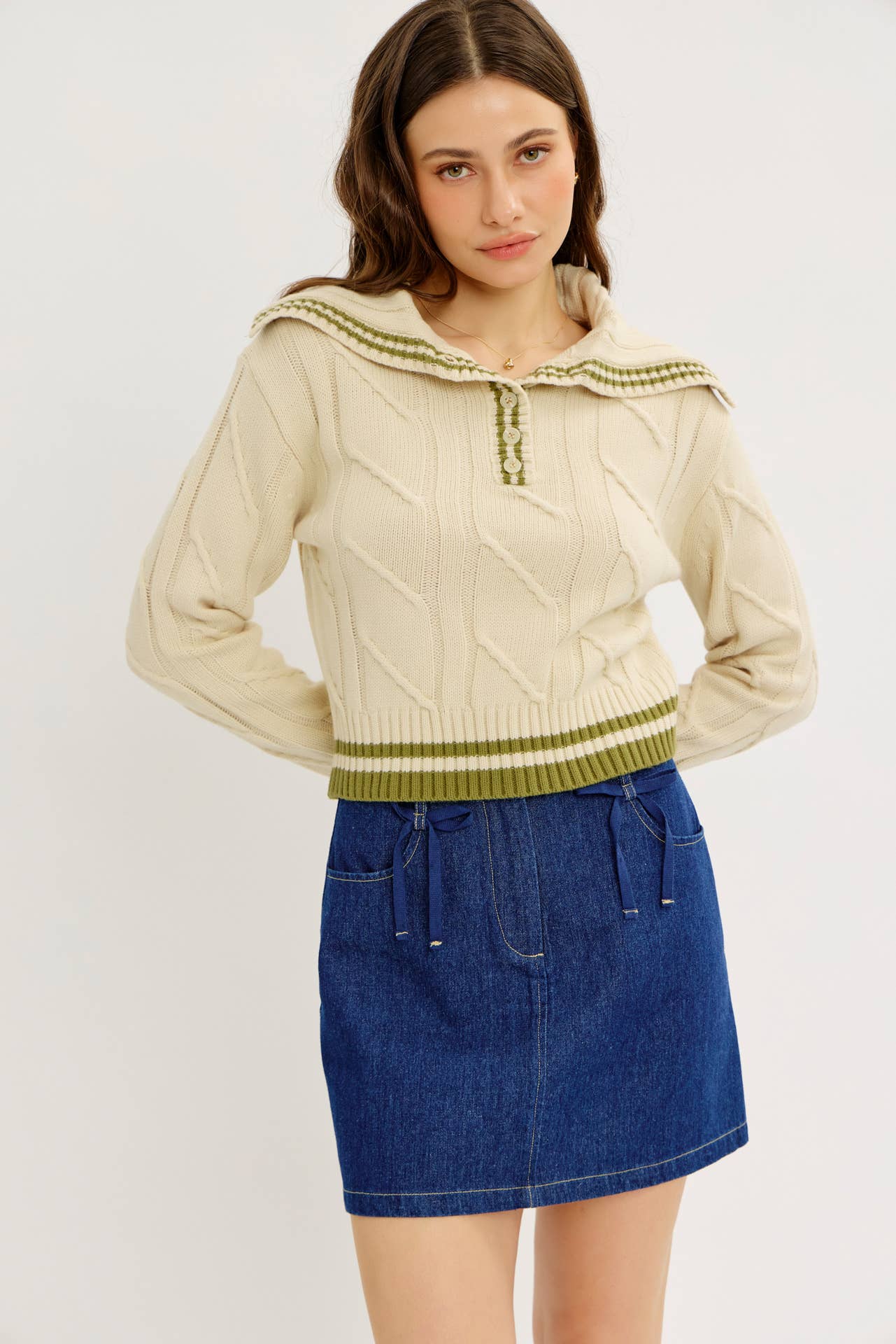 idem ditto - Wholesale Knit Sweater - Women's - PREPPY NOSTALGIA STRIPED COLLAR CABLE KNIT SWEATER14