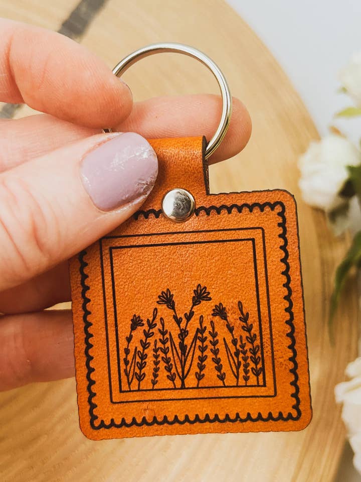 Wildflower Stamp Leather Keychain for wholesale by Left Grain