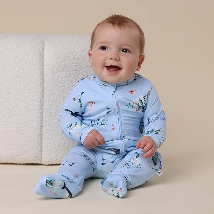 Snuggle Hunny - Wholesale Sleepsuit - Baby - Blue Ocean Organic Snugglesuit Convertible Romper