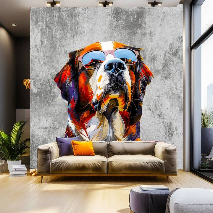 Thoughtful St. Bernard in Glasses Wall Decal - Dreamy Watercolor Bernese Mountain Dog Imagining Art Sticker for wholesale by Decords