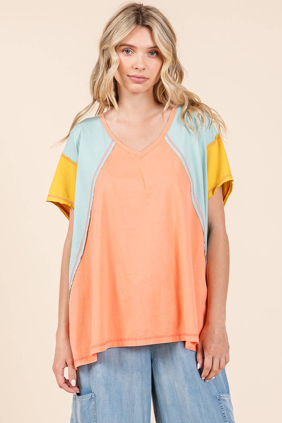 mittoshop – Túnica - Mulher por atacado – TOP DE MALHA DE MANGA CURTA EM BLOCO COLORIDO DE GRANDES DIMENSÕES12