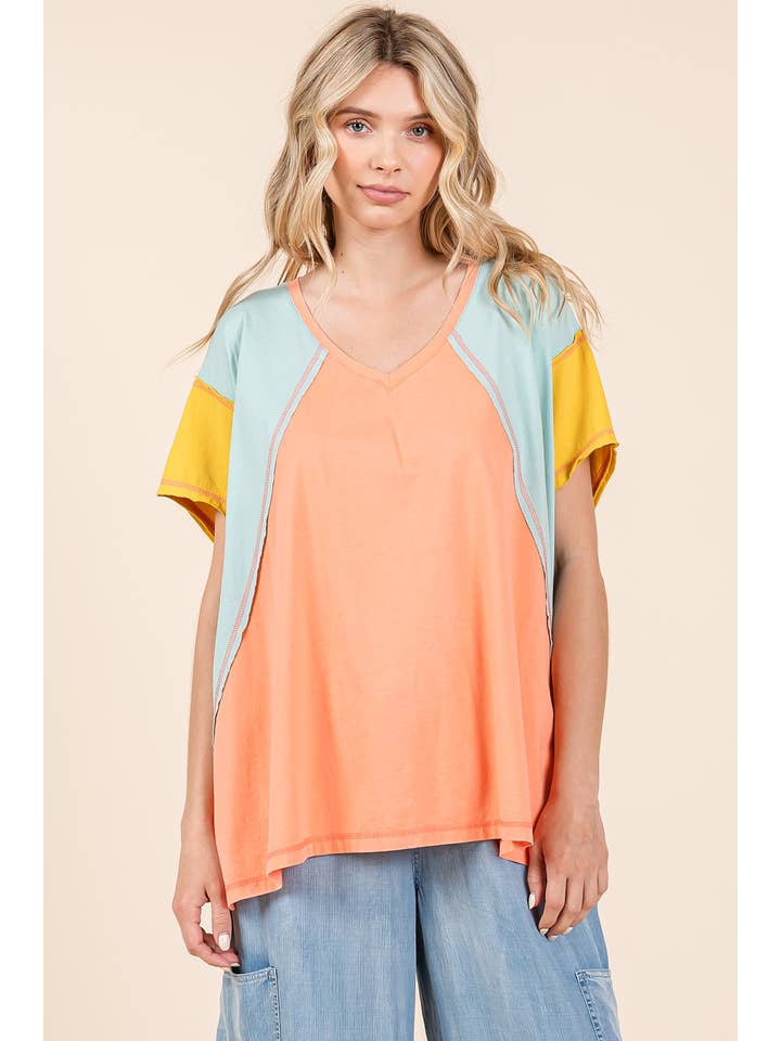 mittoshop – Túnica - Mulher por atacado – TOP DE MALHA DE MANGA CURTA EM BLOCO COLORIDO DE GRANDES DIMENSÕES12