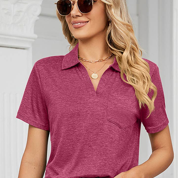 CWTTS0471_BASIC SHORT SLEEVE POCKET CALLAR TOP for wholesale by Lily Clothing