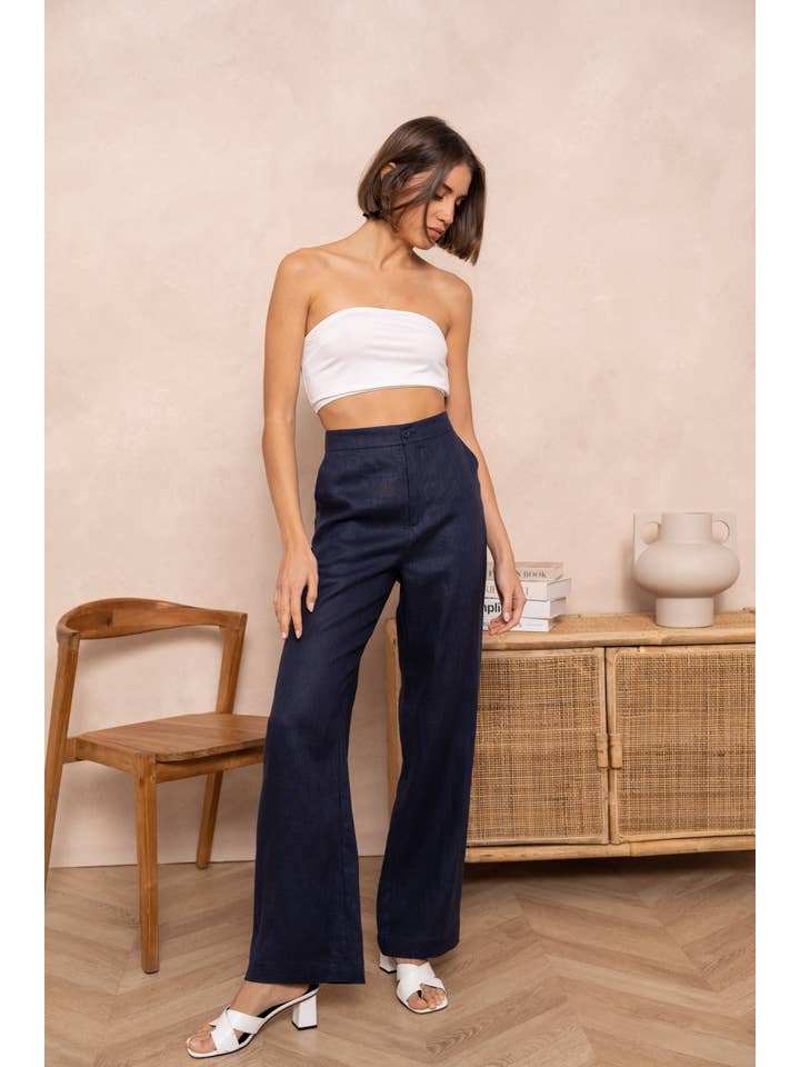 Attentif Paris - Venta al por mayor Pantalones - Mujer - Pantalón recto liso de lino de calidad superior26