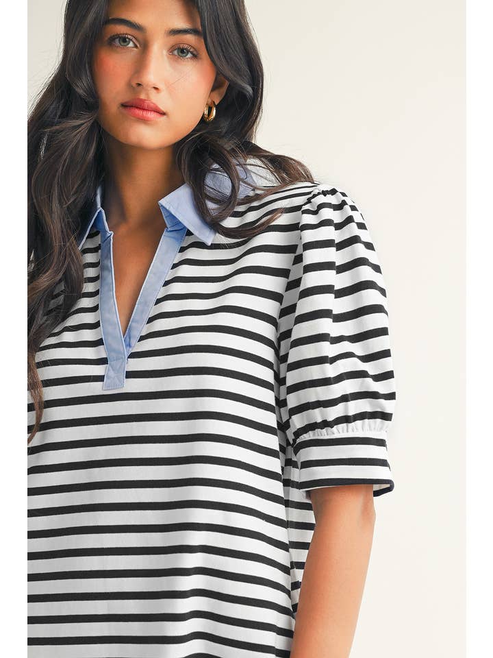 Black LDC Stripe Contrast V Neck Collared T Shirt Mini Dress for wholesale on Faire