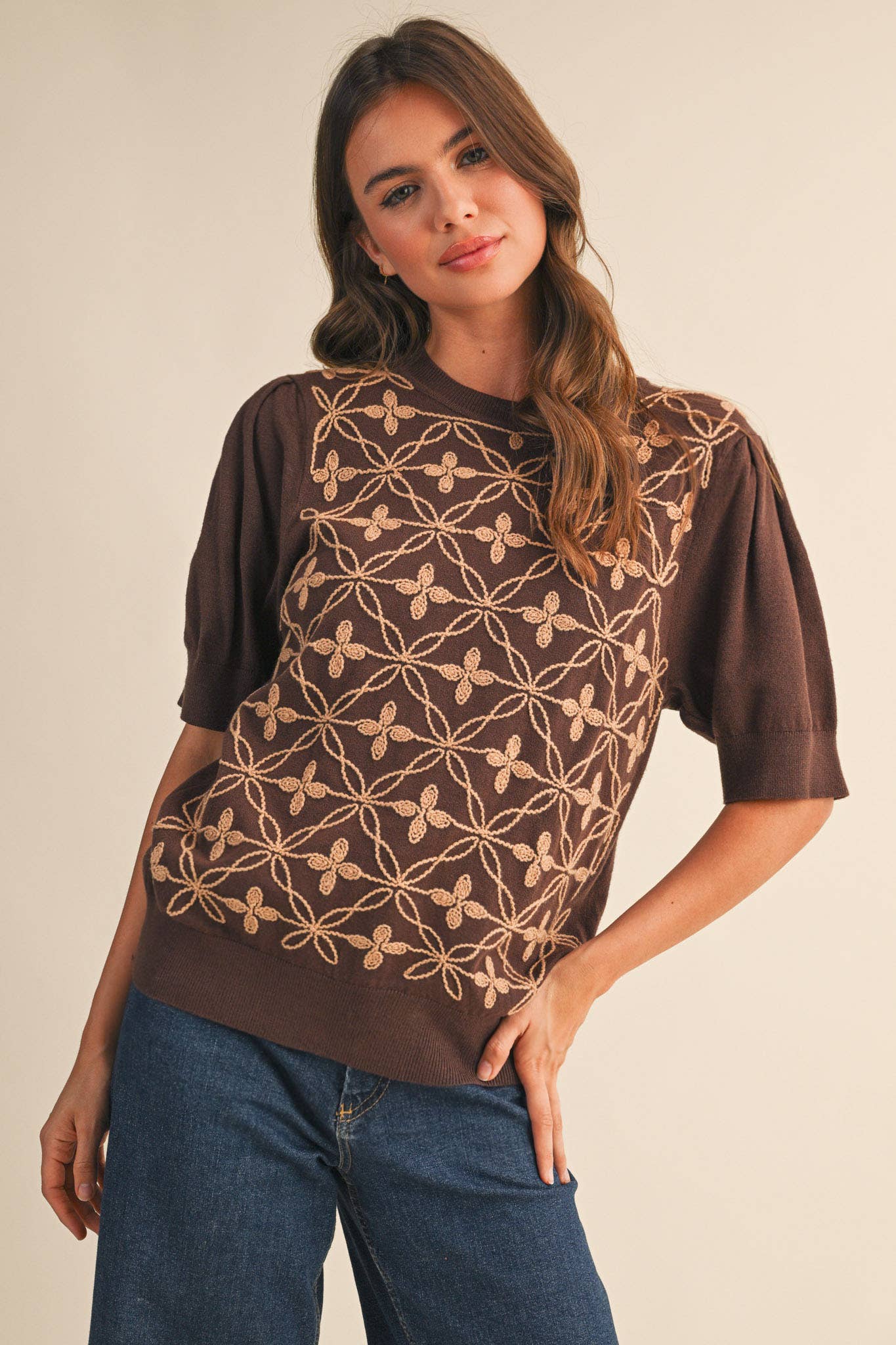 &MERCI - Wholesale Knit Sweater - Women's - SHORT PUFF SLEEVE EMBROIDERY FRONT SWEATER MSW1083221
