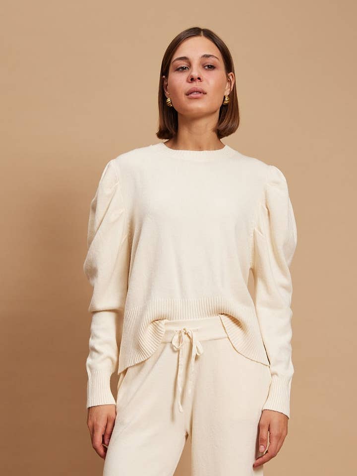 Luna - Lightweight Puff-Sleeve Sweater In Cream for wholesale by Y LONDON