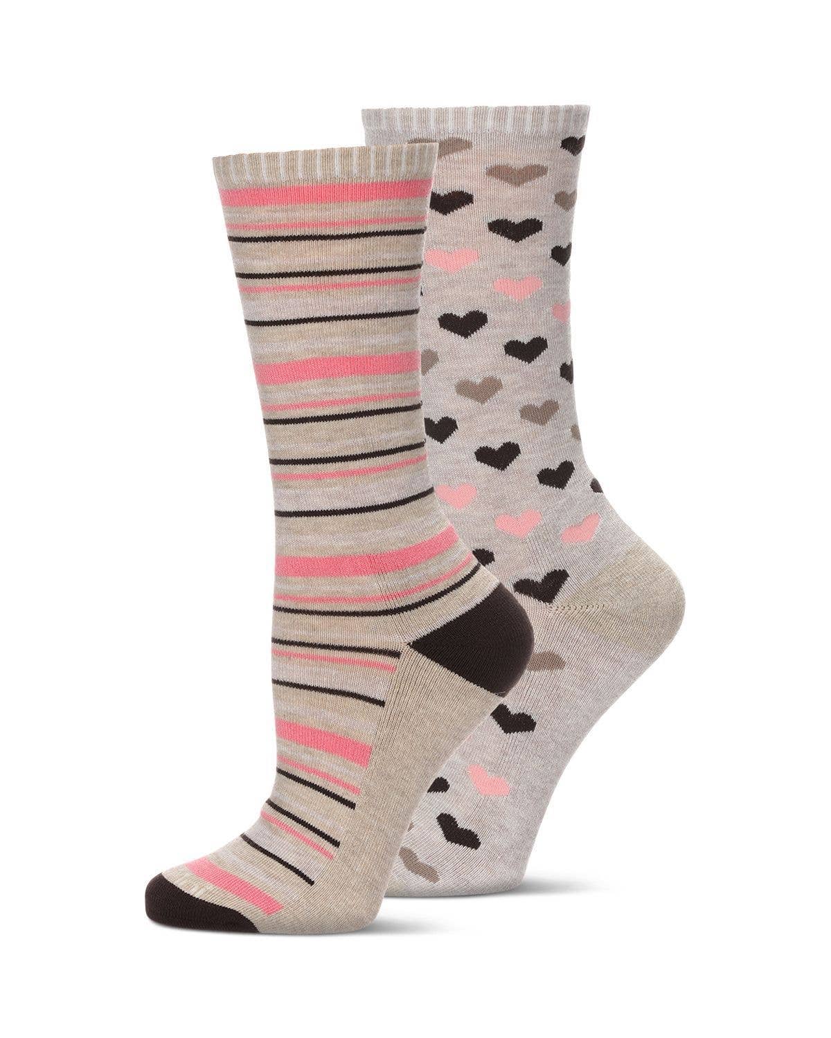 Ivory Heather 2Pair Diabetic Heart/Stripe Half Cushion Crew Sock for wholesale on Faire