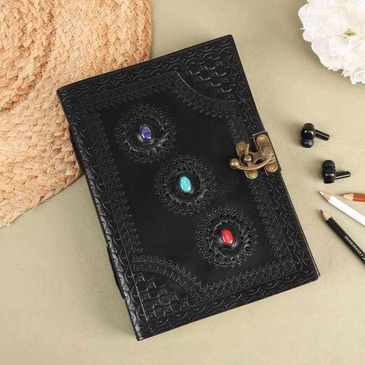 R K Handicrafts and Exporters - Wholesale Journal/Diary - 3 Precious Chakra Leather Journal Chakra Stones Meditation