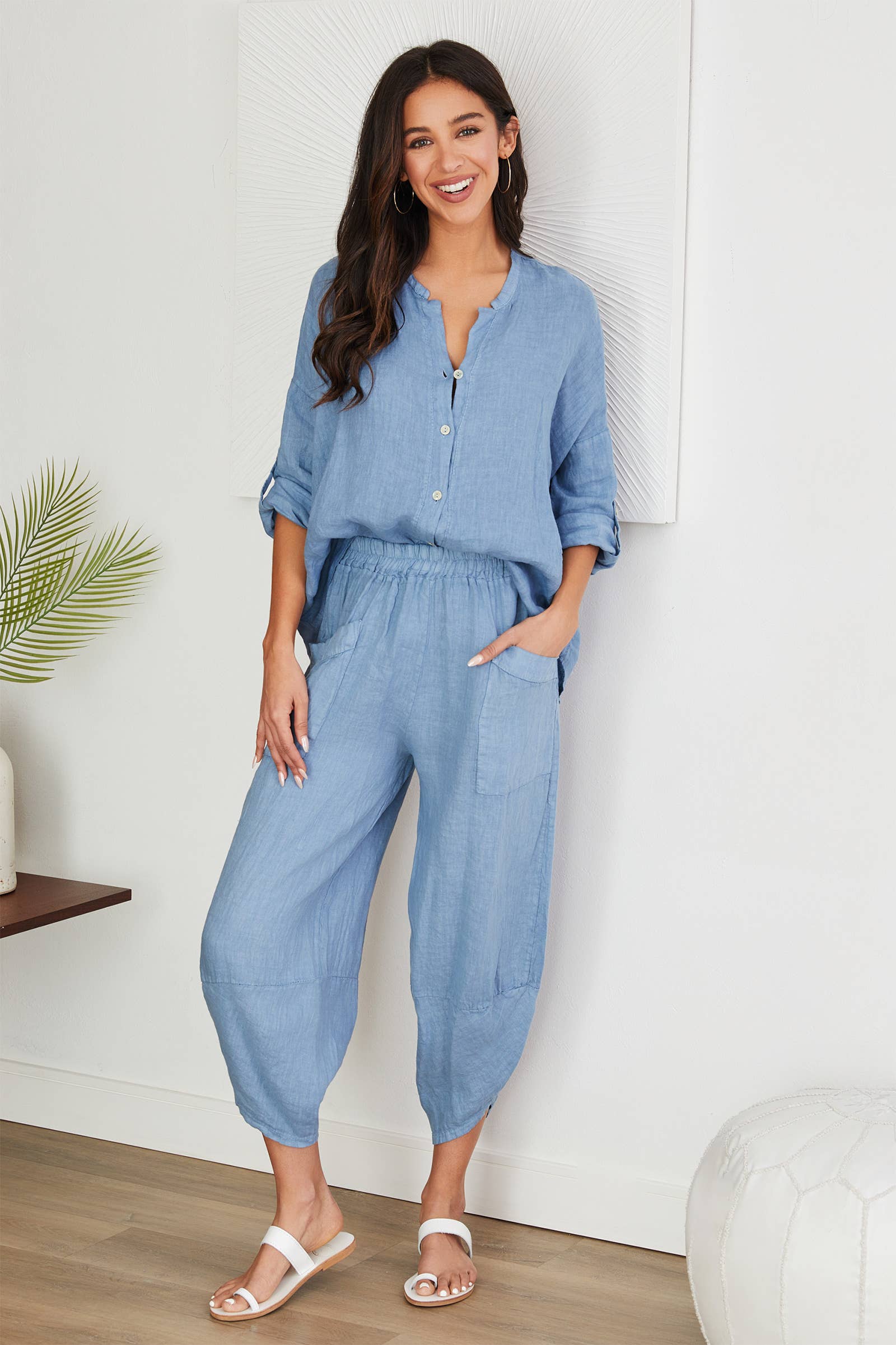 VENTI6 - Vendita all'ingrosso Pantalone - Donna - PANTALONI HAREM IN LINO CON VITA ELASTICA E ORLO CURVO (4468)8