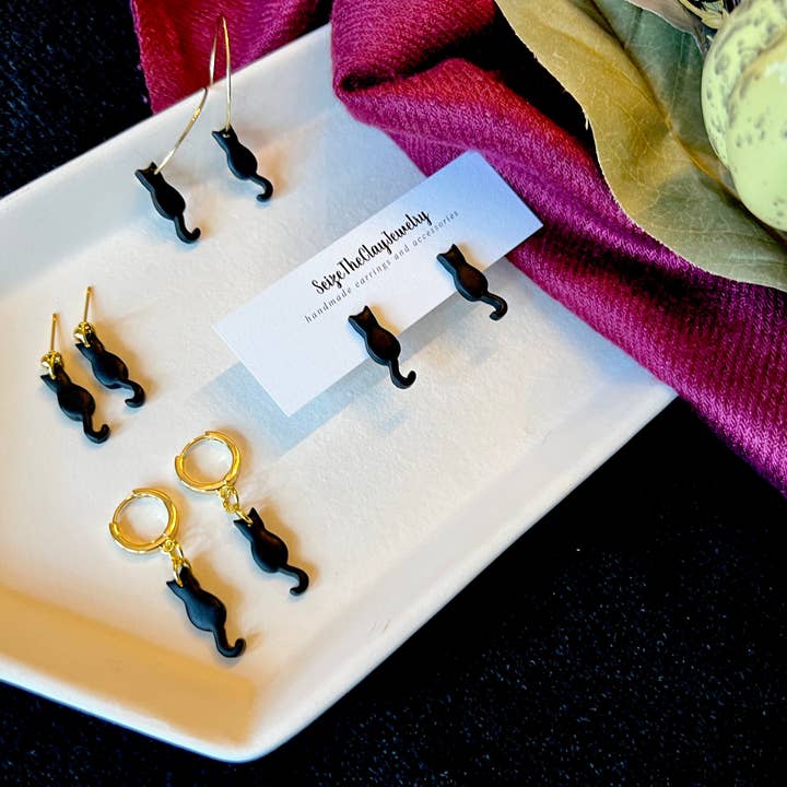 SeizeTheClayJewelry - Wholesale Dangle Earrings - Black Cat Earrings, Black Cat Huggies, Cat Clay Earrings