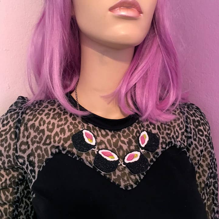 I'm Your Present - Wholesale Pendant/Charm Necklace - Glitter Sushi Roll Connector Necklace, Laser Cut Acrylic, Plastic Jewelry