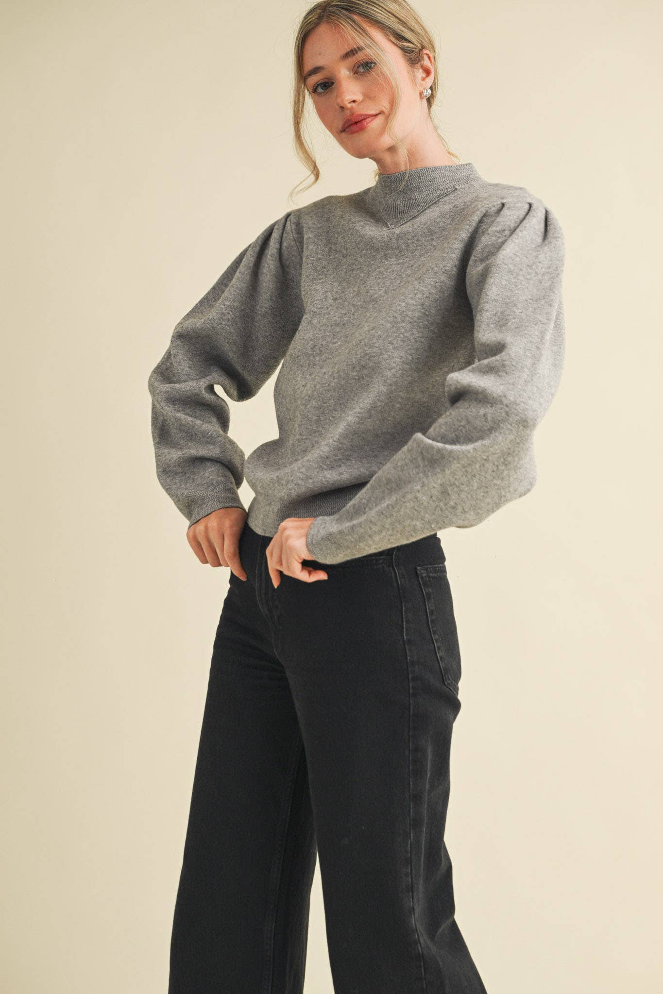 &MERCI - Wholesale Knit Sweater - Women's - MOCK NECK PUFF SLEEVE SWEATER MSW110302