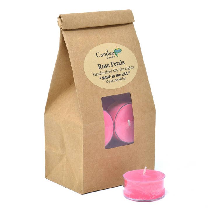 Rose Petals, Soy Tea Light 12-Pack for wholesale by Candeo Candle