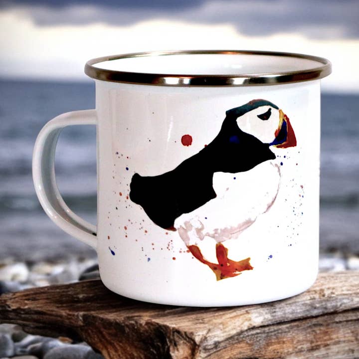 Enamel mug Puffins for wholesale by Christine Allan artist