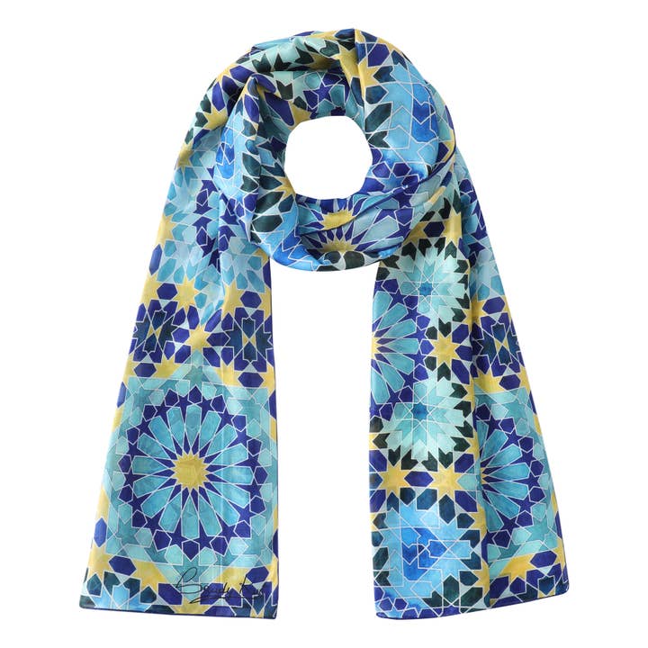Habotai Silk Scarf Blue and Gold Islamic Art Inspiration for wholesale by Hamzah