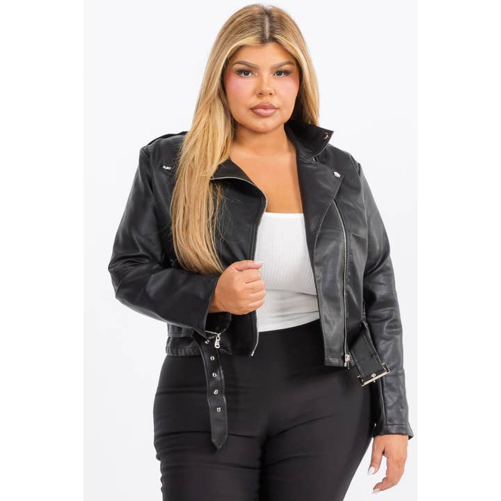 Curve Market - Wholesale Jacket - Women's - PLUS SIZE FAUX LEATHER ZIP FRONT BELTED MOTO CROP BIKER JACK