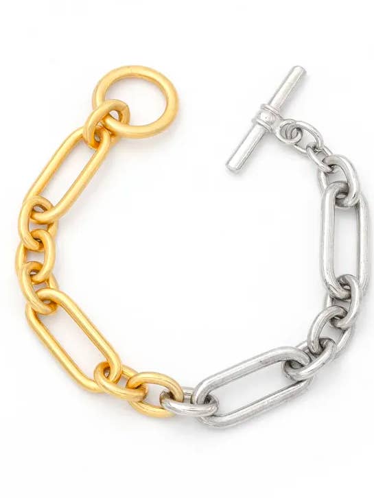 Bracelet Chaîne Figaro & Cleo Fermoir Toggle Étanche 18K Bicolore pour la vente par HoopLa