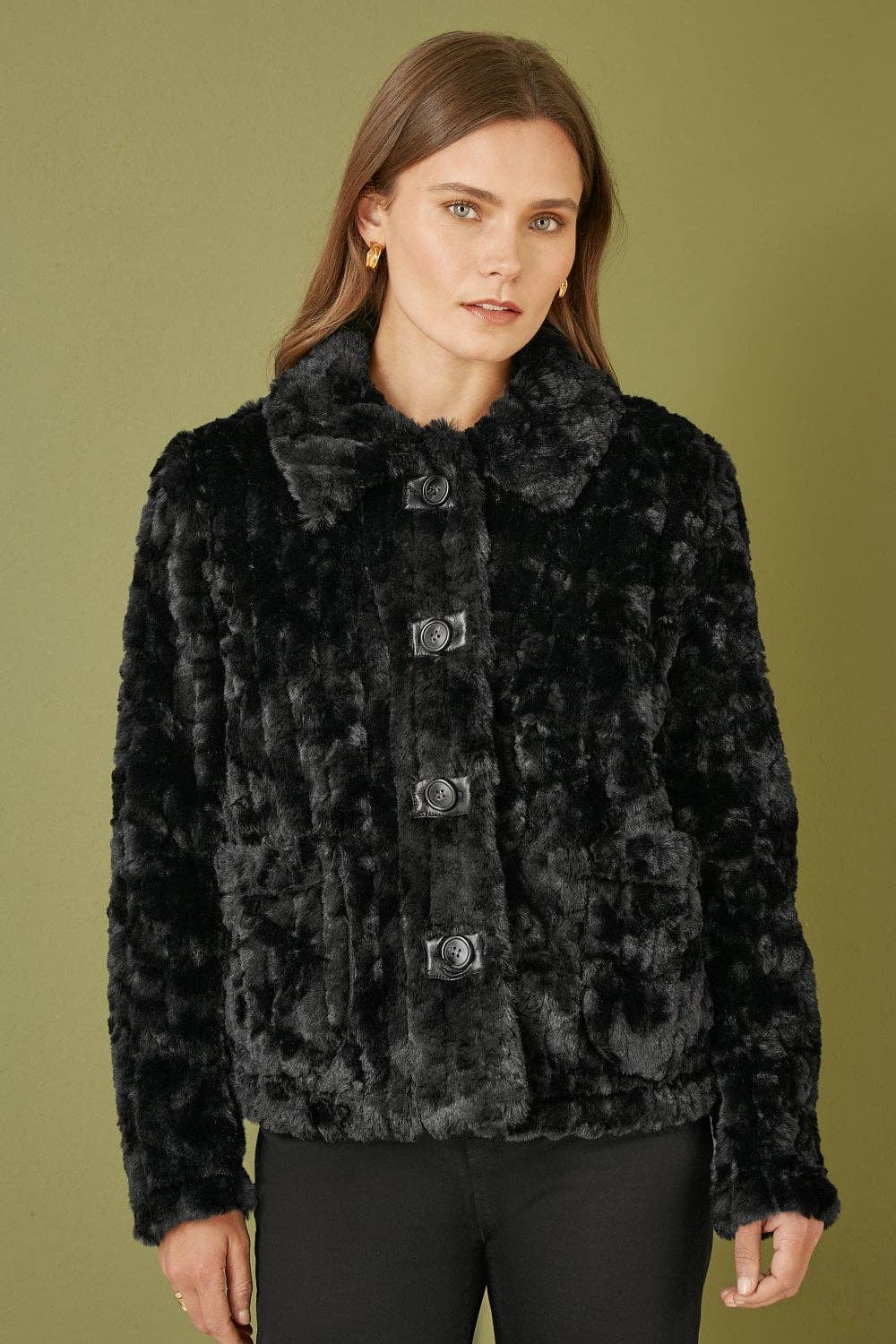 Yumi Black Luxe Textured Faux Fur Jacket With Pockets for wholesale on Faire0
