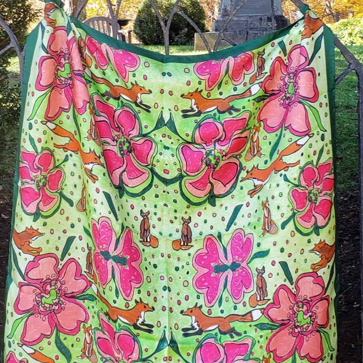 35 x 35 inch square 100% Silk Twill Fox in Pink and Green for wholesale by andi fraley