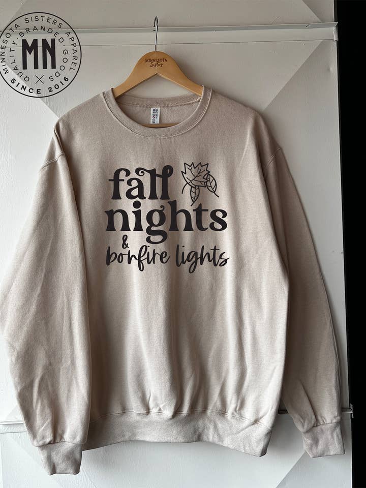 Fall Nights & Bonfire Lights Crewneck for wholesale by Minnesota Sisters