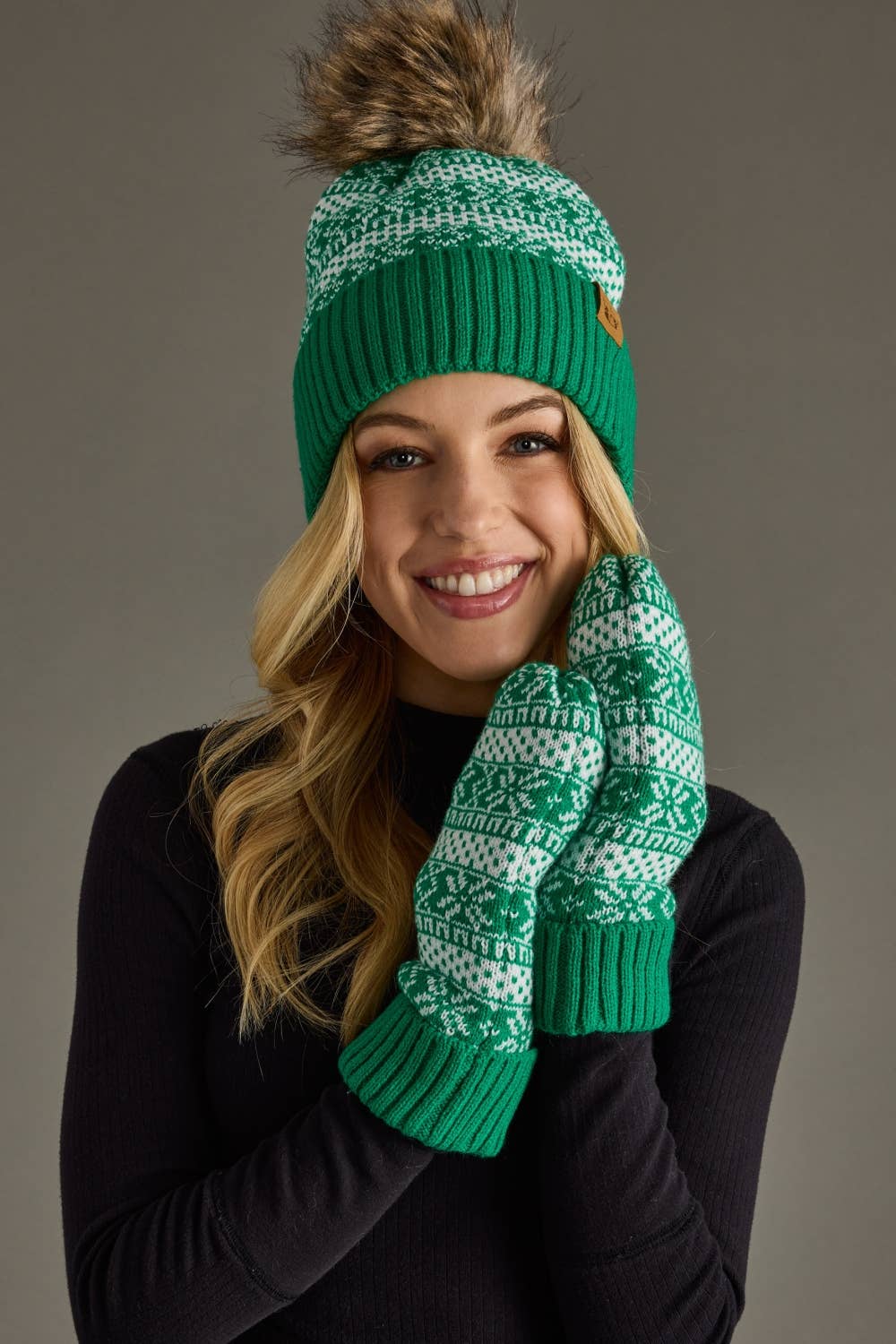 Panache Apparel Co. - Wholesale Beanie - Women's - Green & White Winter Pattern Pom Hat3