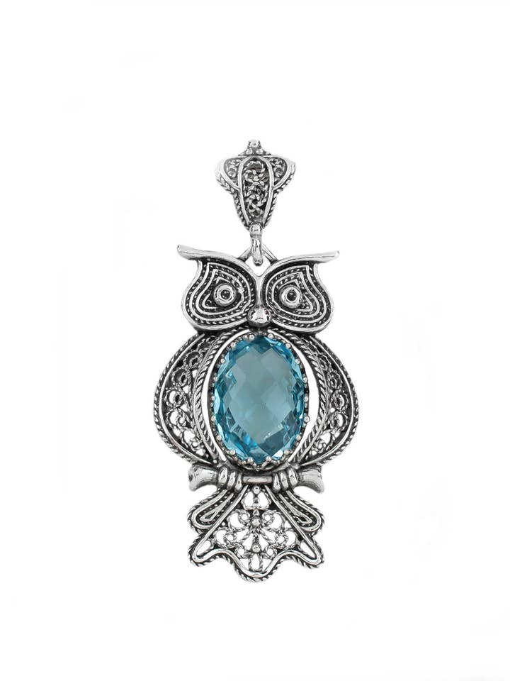 Sterling Silver Art Owl Blue Topaz Women Pendant for wholesale by Filigranist Jewelry