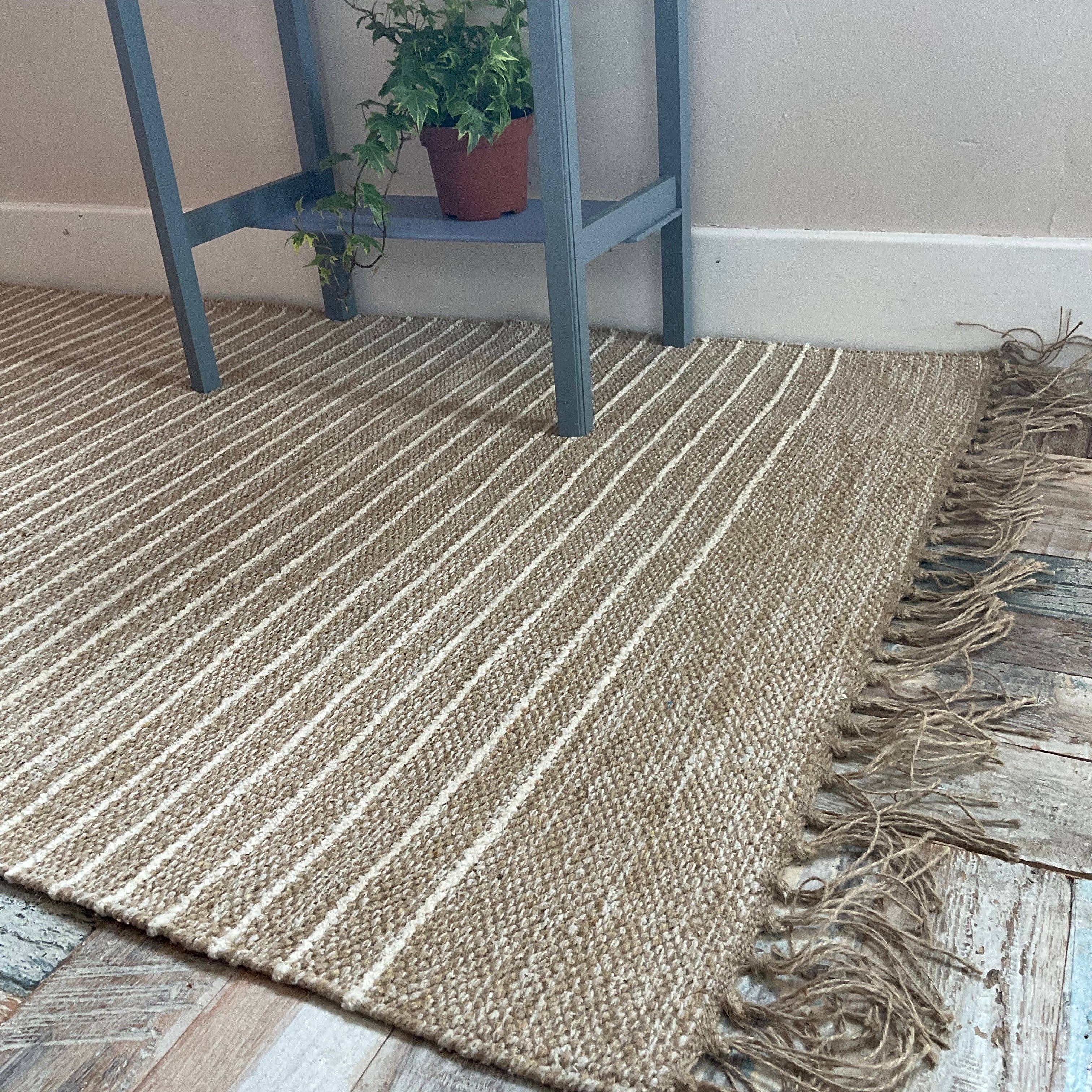 Second Nature Online – Tapete por atacado – Tapete Bekal de algodão e juta, tecido plano bege com faixas listradas2