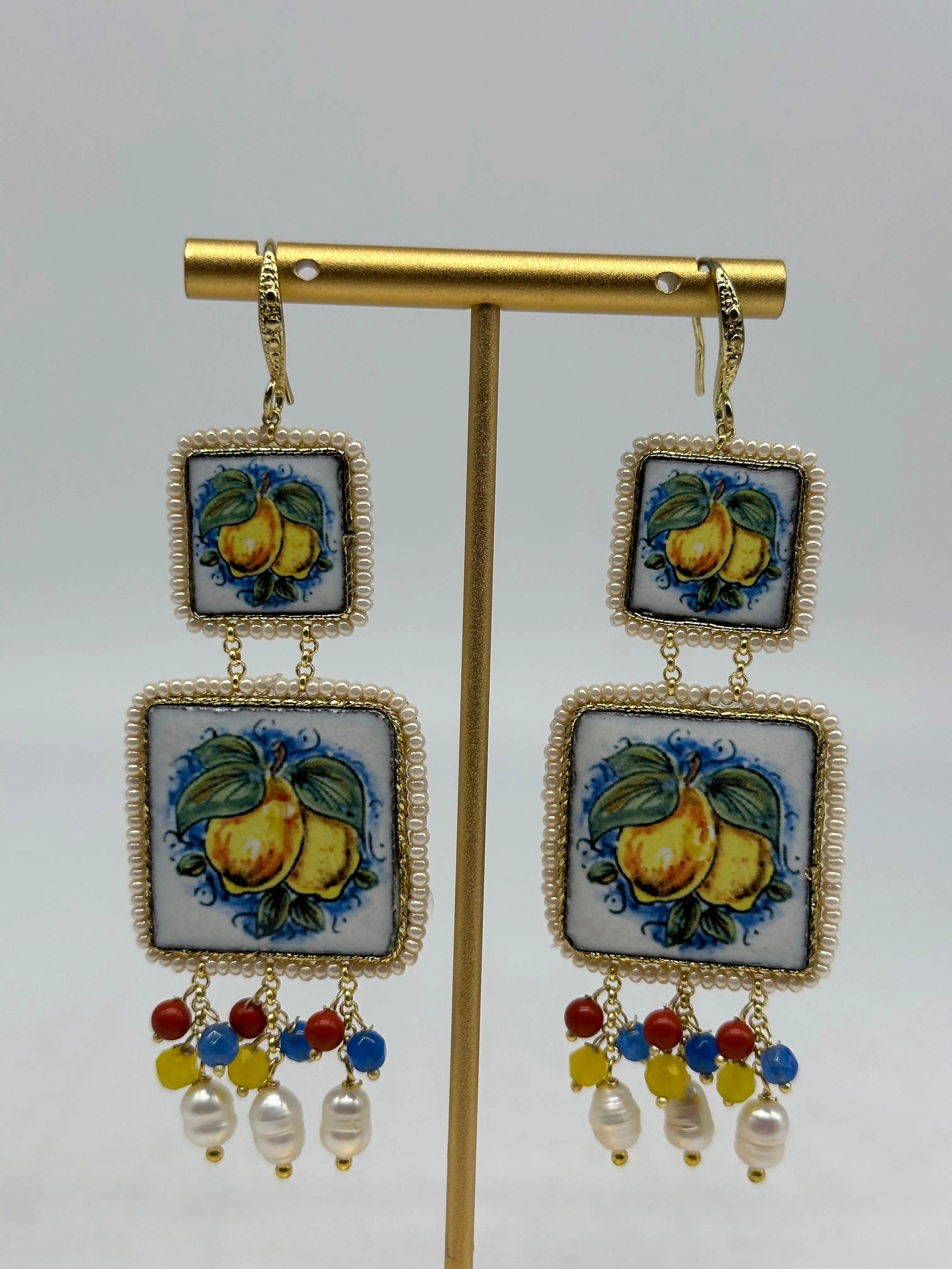 DD Ceramiche Siciliane - Wholesale Dangle Earrings - Caltagirone Ceramic Tile earrings, white frame, stones, pearls V.2