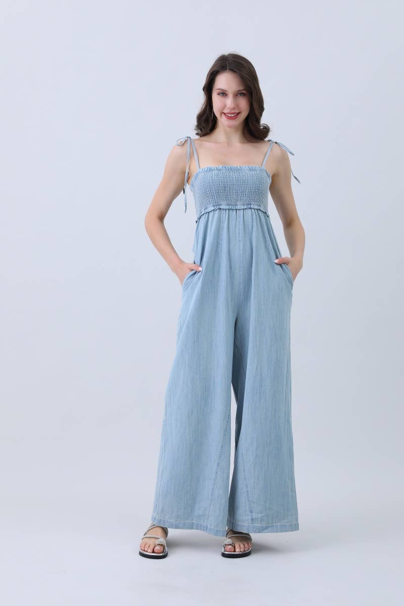 Women’s Light Blue Wide-Leg Denim Jumpsuit – Smocked Bodice for wholesale on Faire5