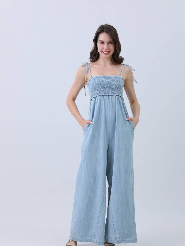 Women’s Light Blue Wide-Leg Denim Jumpsuit – Smocked Bodice for wholesale on Faire5