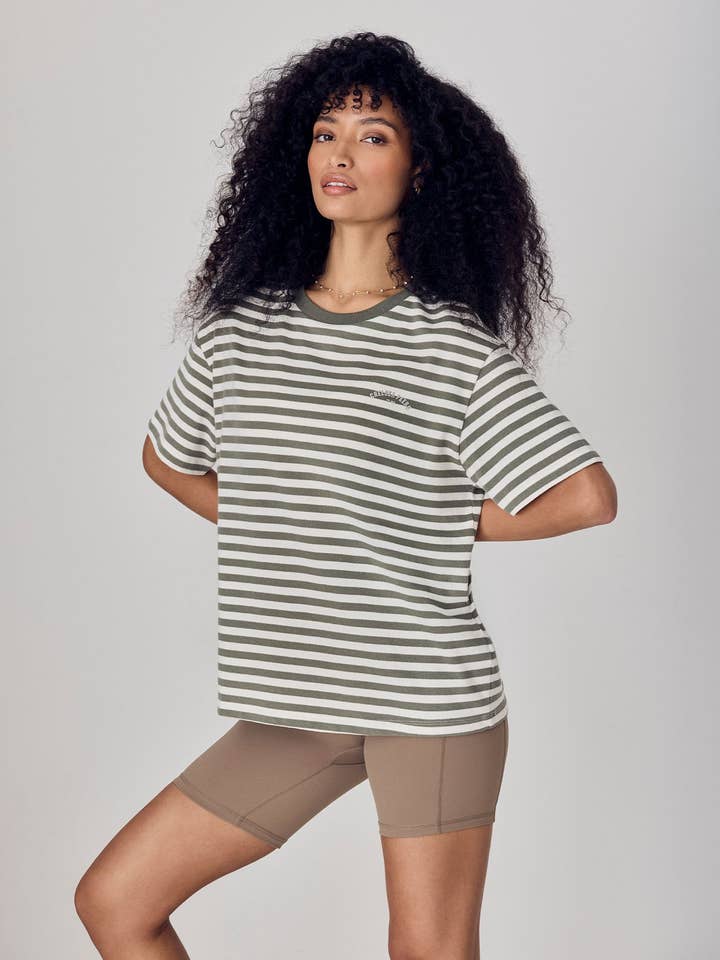 Organic Cotton Embossed Logo T-Shirt - Sage Stripe for wholesale by Chelsea Peers