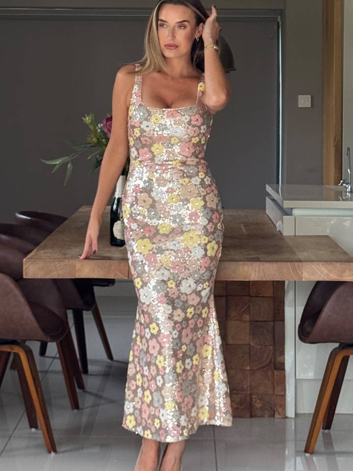 Lisbon Square Neck Gold Sequin Midi Dress for wholesale by Girl in mind