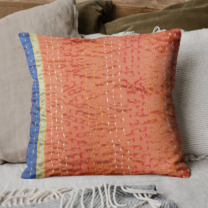 Silky cotton sari cushion cover with kantha stitch, handmade for wholesale by Shakti.ism