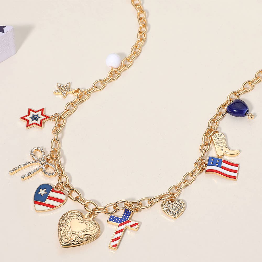Sensibling Corp. - Wholesale Pendant/Charm Necklace - Enamel American USA Flag Heart Cross Star Bow Charm Necklace0