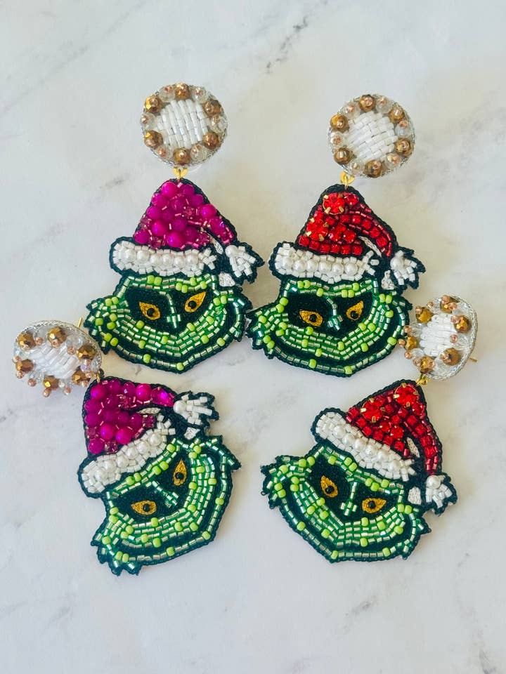 Christmas Grinch Beaded Holiday Earrings for wholesale by Louie Love