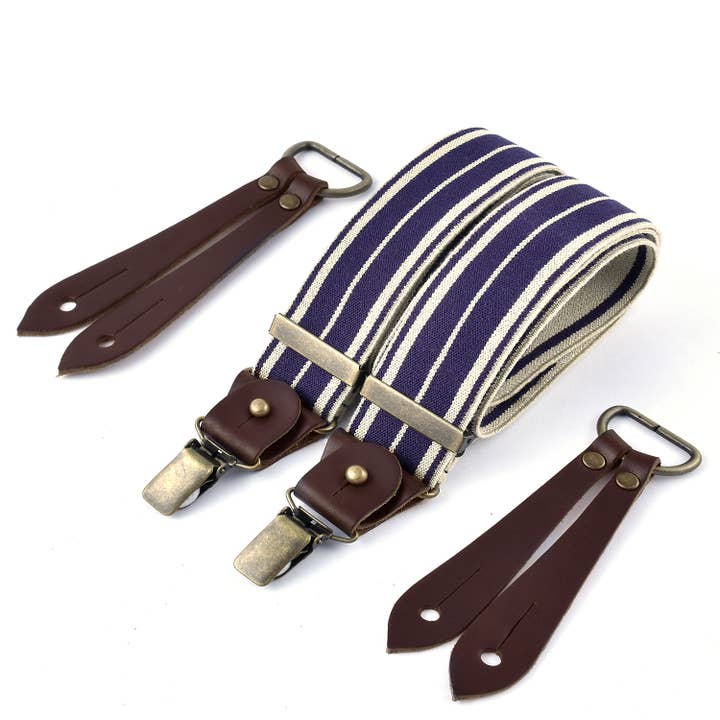Selvedge wide suspenders with buffalo leather - ecru / navy for wholesale by Bertelles