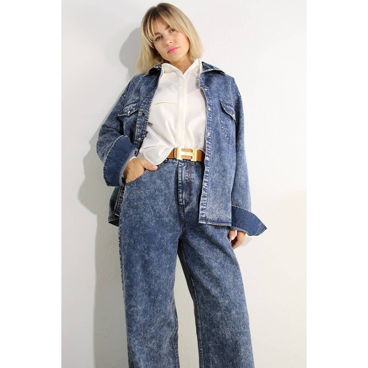 WASHED DENIM SHIRTS JACKEET AND PANTS SET for wholesale on Faire4