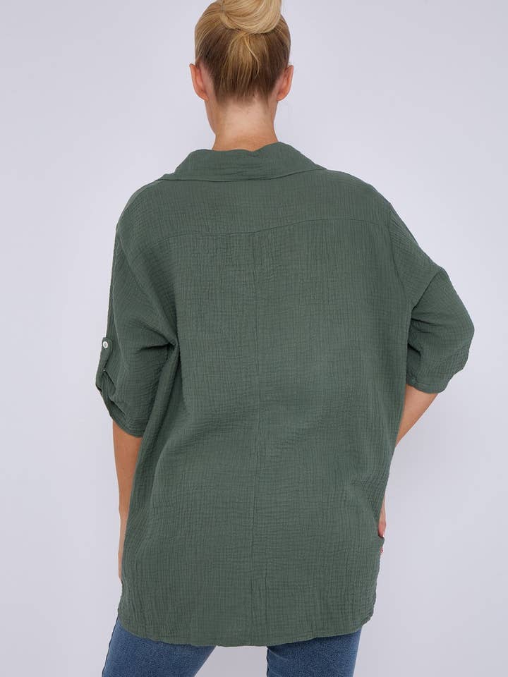 Miss Bold – wholesale Buttoned-down shirt – Women's – Italian Embroidered Cotton Button-Up Tunic Shirt with Rolled Sleeves5