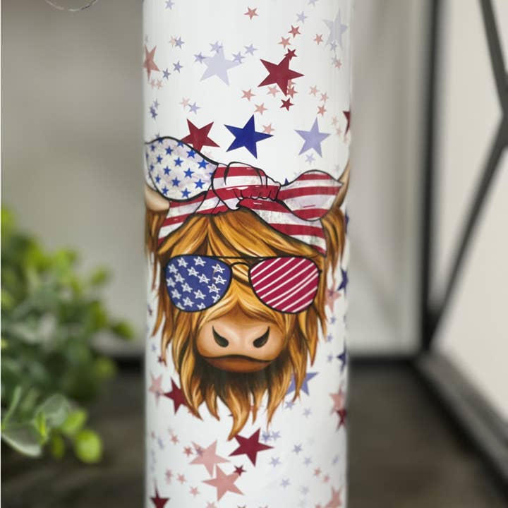 CMD Wholesale - Wholesale Insulated Mug/Tumbler - Stars & Stripes Highland Cow 20oz Skinny Tumbler