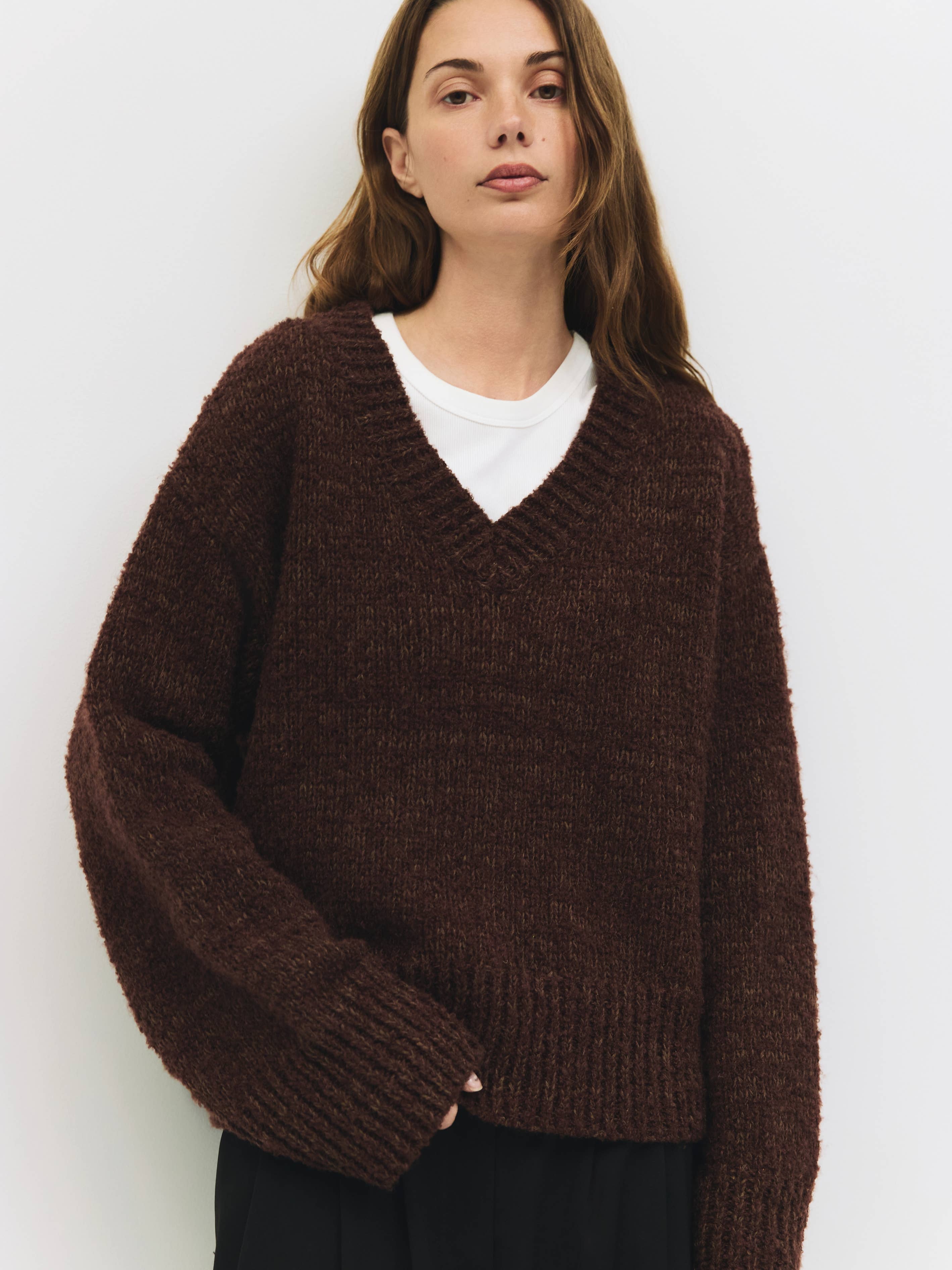 MOD REF - Wholesale Knit Sweater - Women's - The Glen Sweater | Oversized Boucle Knit V-Neck Sweater0