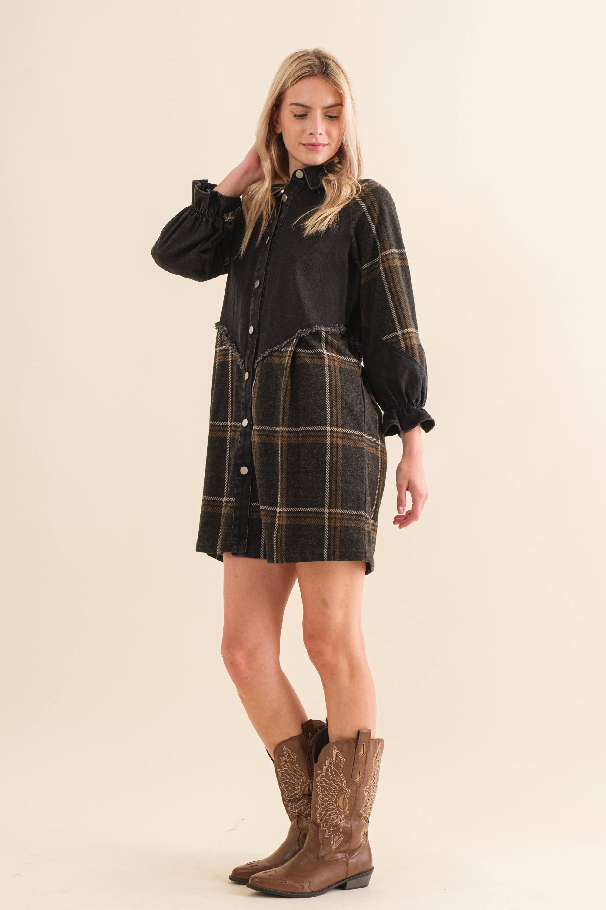 SCHWARZ Denim-Mix Hemdblusenkleid mit gebürstetem Karomuster für den Großhandel auf Faire5